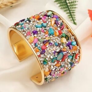 Multicolor Gemstone Gold Cuff Bracelet